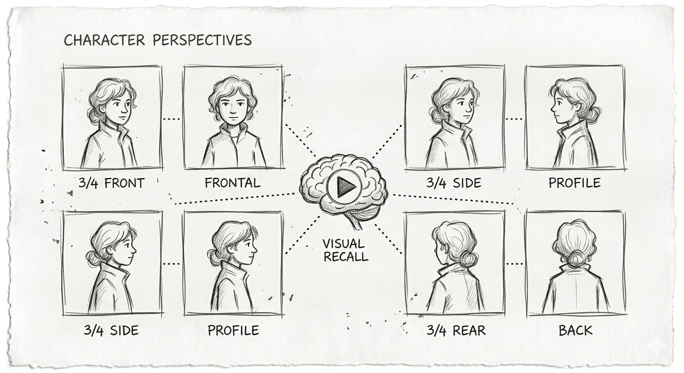 Hand-drawn sketch of a character reference sheet showing the same character from multiple angles