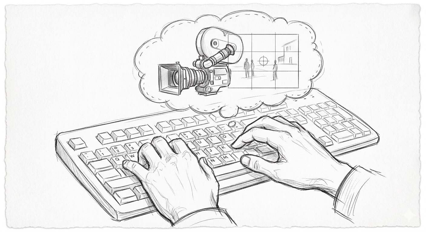 Hand-drawn sketch of hands typing on a keyboard with a thought bubble showing a film camera