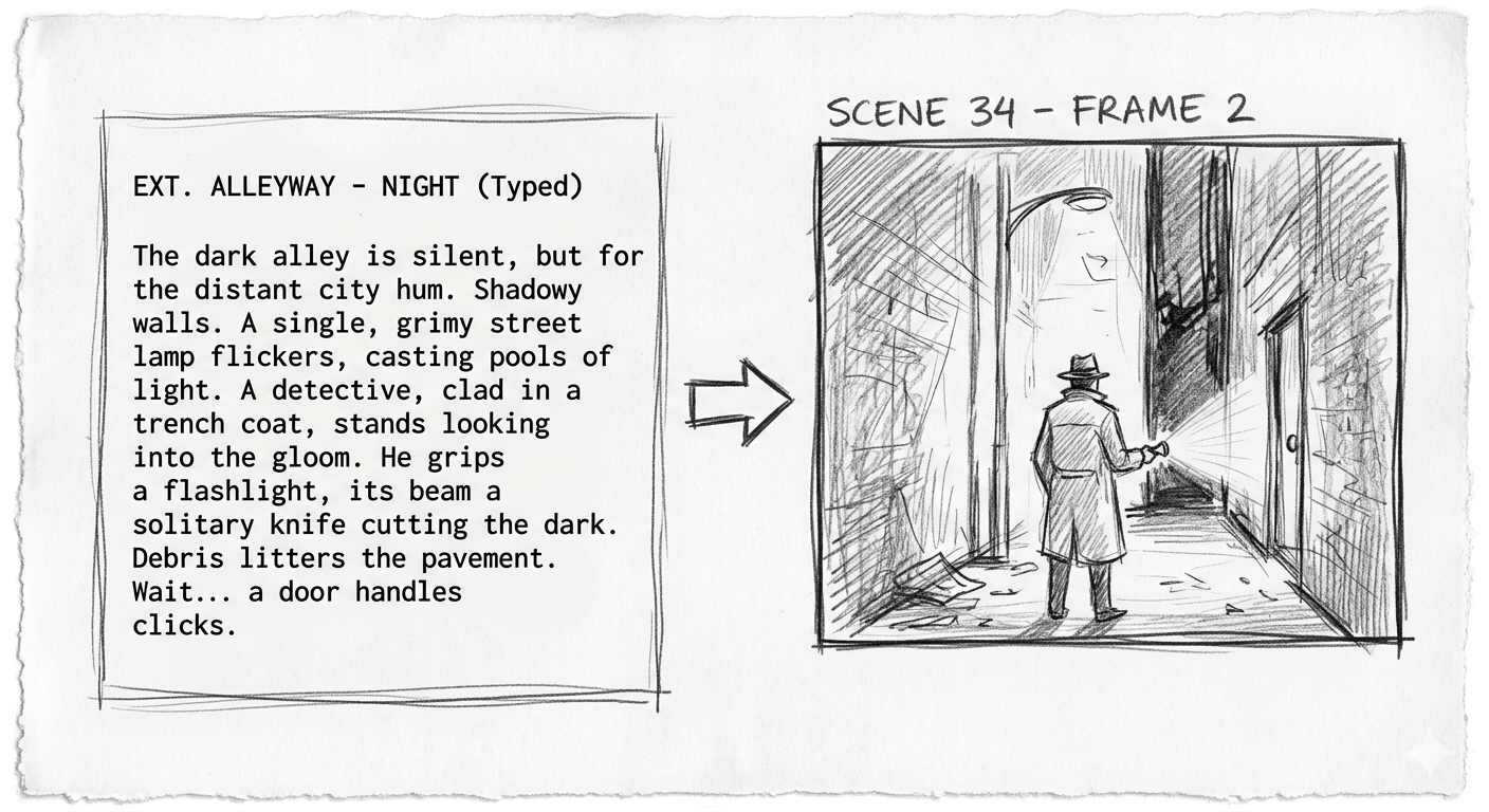 Hand-drawn sketch showing text description on the left transforming into a storyboard frame on the right