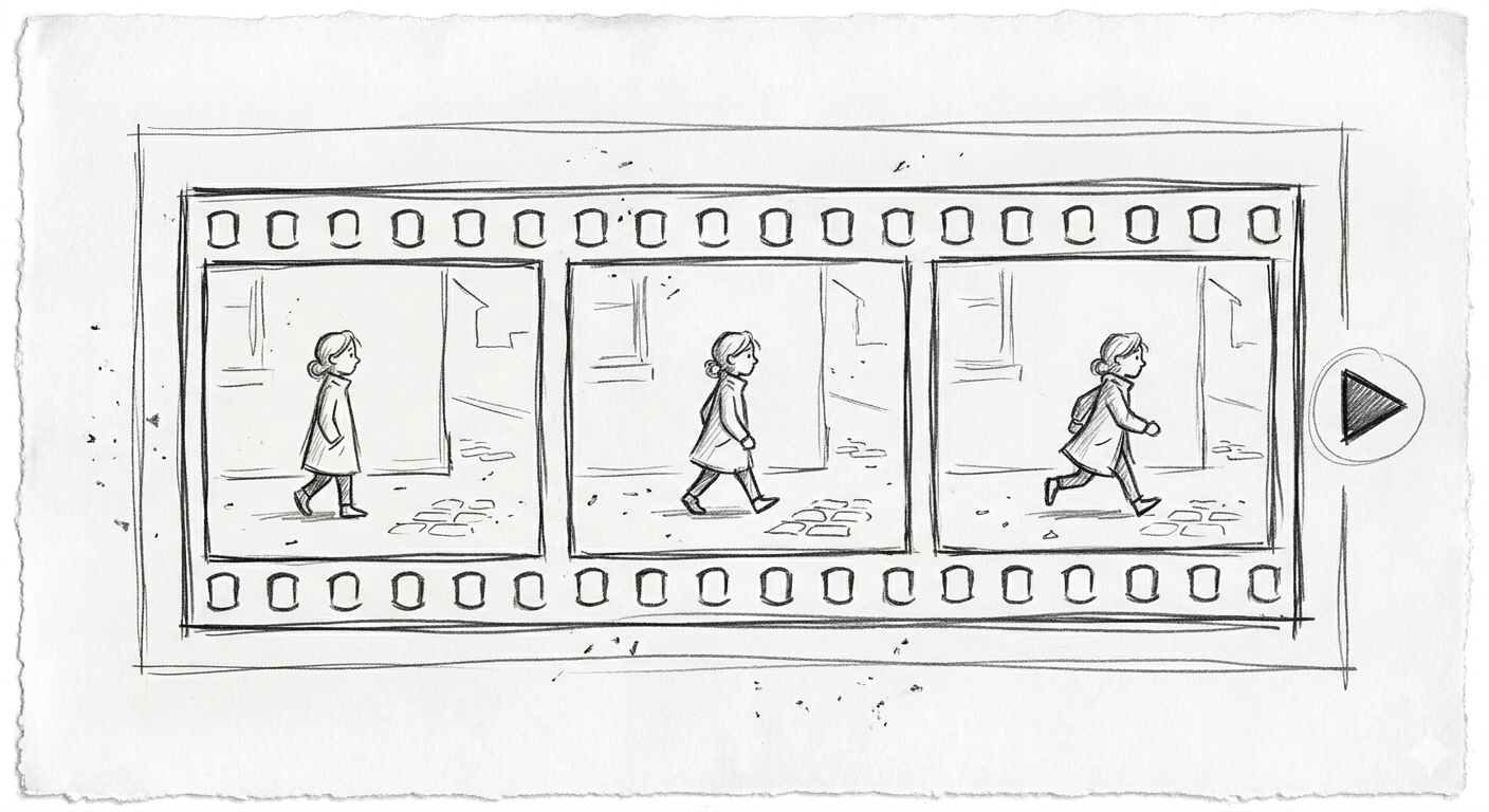Hand-drawn sketch of a filmstrip with frames showing motion progression
