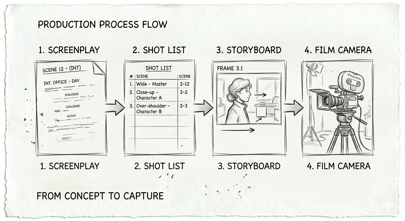 Hand-drawn sketch showing the production flow from screenplay to shot list to storyboard to film camera
